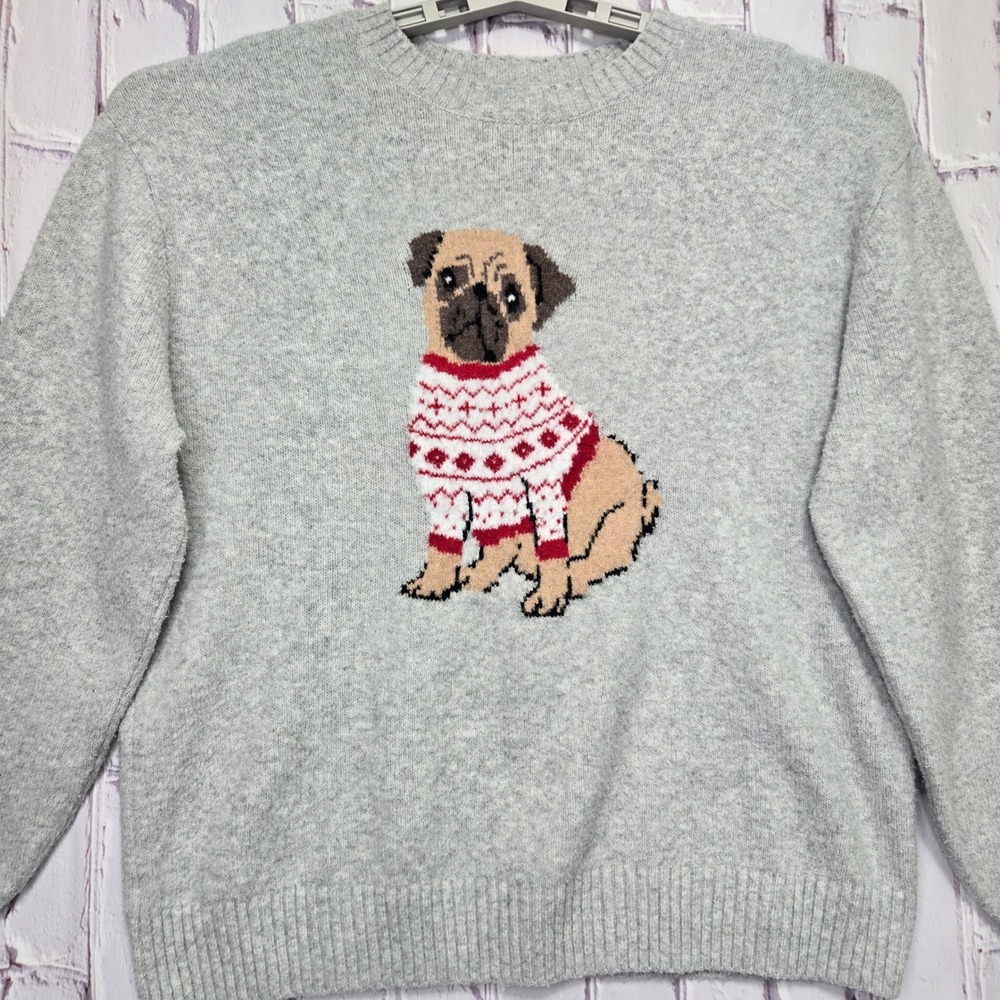 Hollister Gray Pug Dog Fair Isle Sweater Crew Neck XS‎ Holiday Animal Graphic